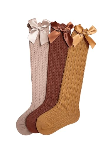 OYOANGLE Girl's 3 Pairs Knee High Socks Bow Cute Over Calf Kids Over knee Stockings