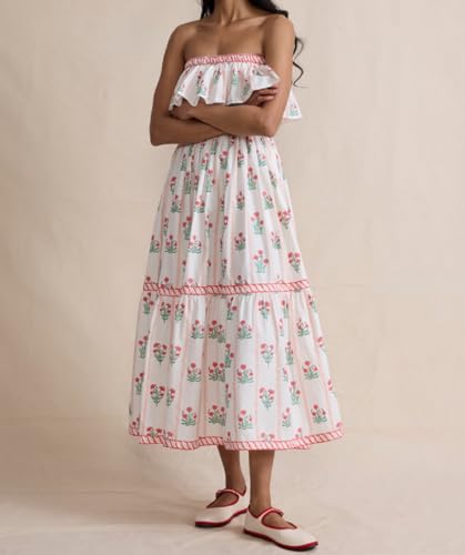 Image of Women Floral Print Maxi Tube Dress Strapless Flowy Long Bandeau Dress Y2K Open Back Sundress Summer Beachwear