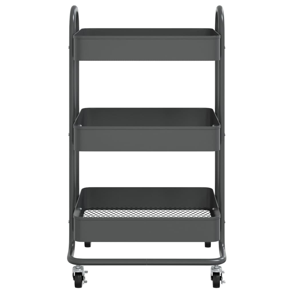 Carro de 3 niveles antracita acero 43 x 34 x 79 cm móvil con ruedas y frenos, carrito de cocina con espacio de almacenamiento, carrito auxiliar para estación de trabajo y almacenamiento