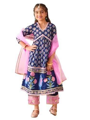 Image of PSPEACHES Girls Cotton 3 /4th Sleeves V-Neck Floral Print Kurta And Pant With Dupatta 3 Piece Set|Ethnic Wear For Kids Girls|Traditional & Festive Outfit
