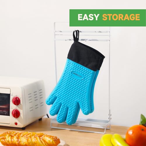 Image of GEEKHOM BBQ Gloves Heat Resistant Oven Mitts - Silicone Grilling Gloves with 13.7 inch Arm Protection - Waterproof Pot Holder Non-Slip for Men & Women, Kitchen Outdoor Cooking, Baking, Camping, Blue