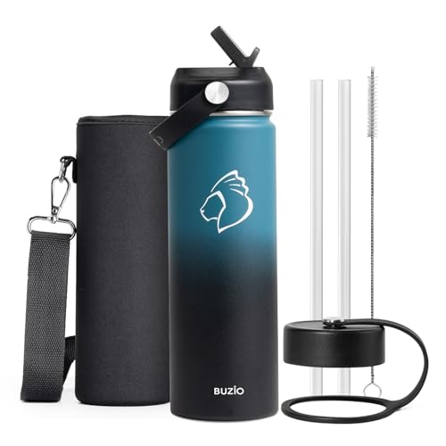 BUZIO Insulated Water Bottle with Straw Lid and Flex Cap, 22oz Modern Double Vacuum Stainless Steel Water Flask, Cold for 48 Hrs Hot for 24 Hrs Simple Thermo Canteen Mug, Indigo Black 24 Oun