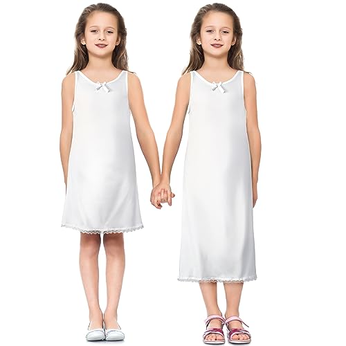 Toulite 2 Pcs Girls White Slip for Under Dresses Sleeveless Full Slip with Strap Lace Trim Tea and Knee Length Slips