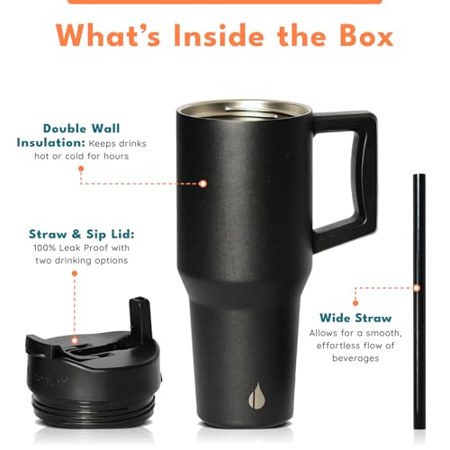 Image of Elemental 100% Leak Proof 32oz Tumbler with Handle & Straw Travel Mug | Stainless Steel Double Wall Insulated Tumbler for Hot and Cold Beverages with Sip & Straw Lid