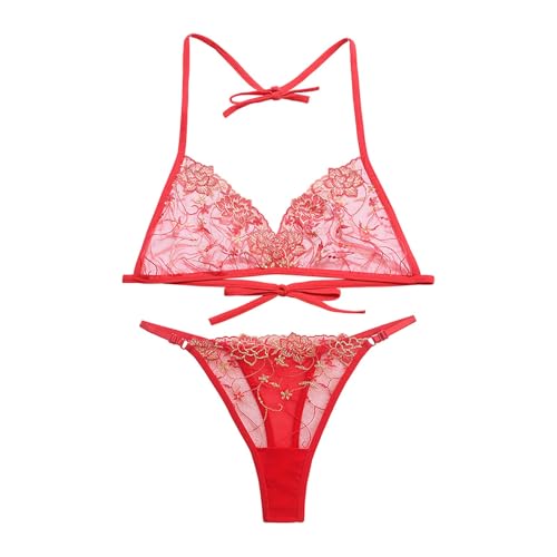 Image of SSoShHub Women Lingerie Set Lace Teddy Strap Babydoll Bodysuit Embroidery Bra and Panty Set