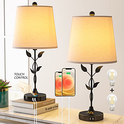 BYBLIGHT Traditional Table lamp Set of 2 3-Way Dimmable Touch Control Nightstand Lamp with 2 USB Charging Ports and AC Power Outlet,Bed Lamp with Fabric Lampshade and Metal Base,2 Bulbs Included