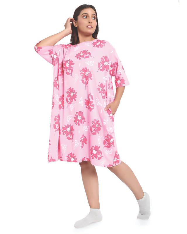 Image of LAMA STORE Women's Printed Oversized T-Shirt Dress, Cotton, 3 /4 Sleeve Length, Casual Loose Fit, Comfort Wear Extra Comfy Oversized Printed Pocket T-Shirt Dress