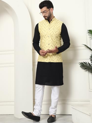 Image of SOJANYA (Since 1958 Men's Cotton Linen Maroon Kurta and White Pyjama with Mustard Cotton Nehru Jacket