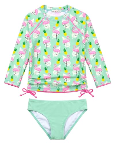 Image of weVSwe Swimsuit Girls UPF 50+ Quick Dry Rashguards 2 Pieces Swimwear Set Long Sleeve Bathing Suits Sun Protection Green Flamingo 5-6 Years