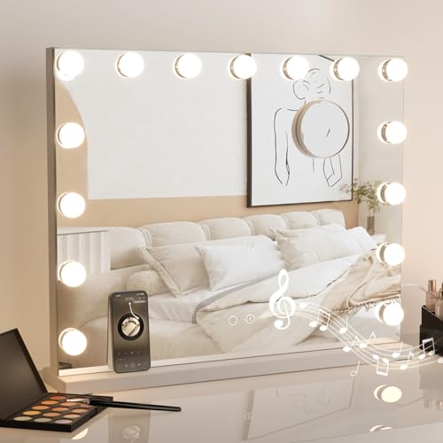 Moziel 58 x 45 cm Espejo de Maquillaje con Bluetooth, Espejo tocador con luz de 15 LED Hollywood, montado en la Pared o en la Mesa, 3 Colores de luz y función de Brillo Ajustable