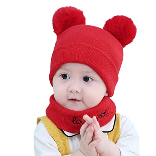 2pcs Baby Knit Hat Scarf Set Infant Toddler Boys Girls Winter Warm Cute Pom Pom Beanie Hats Skull Cap Thick Neck Gaiter Warmer Circle Loop Scarf 0-12 Months Red