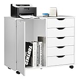 COSTWAY Rollcontainer mit 5 Schubladen, mobiler Aktenschrank mit Tür, Arbeitsplatte & Rollen, Rollwagen Schubladenschrank modern für Büro Wohnzimmer, 79 x 39 x 65cm