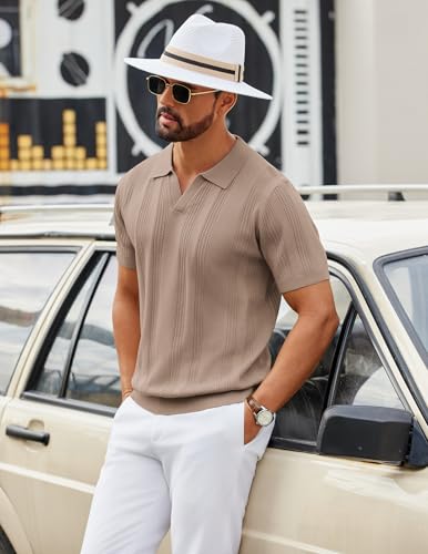 Image of COOFANDY Mens Knit Polo Shirts V Neck Textured Polo Shirts Short Sleeve Breathable Polo Casual Collared T Shirt Fashion Tops