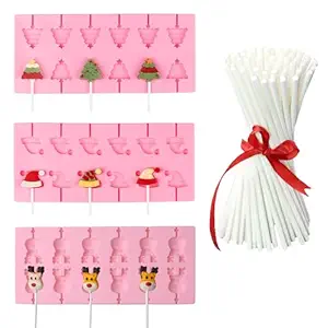 3Pack Lollipop Molds Hard Candy Silicone Chocolate Christmas Gummy Mold with 100Pcs Lollypop Sucker Sticks(12 Cavity)