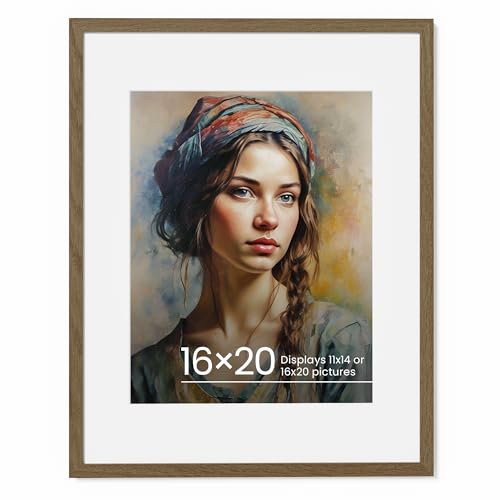 Vivelove 16x20 Walnut Picture Frame Oak Wood Frame for Wall,16x20 Matted to 11x14, Art Frame,Rustic Poster Frames,Tempered Real Glass,Natural Solid Wooden Picture Frames for Wall Art Photo and Prints