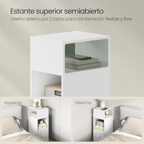 Miniatura 6 de Eugad Mesitas De Noche Pack 2 Estrechas Blancas Con 2 Compartimentos Y 1 Cajón, 25x30x66 Cm, Mesillas Auxiliares Para Dormitorio Pequeño Y Salón Espacios Reducidos, Moderno Madera, 0179zz-2