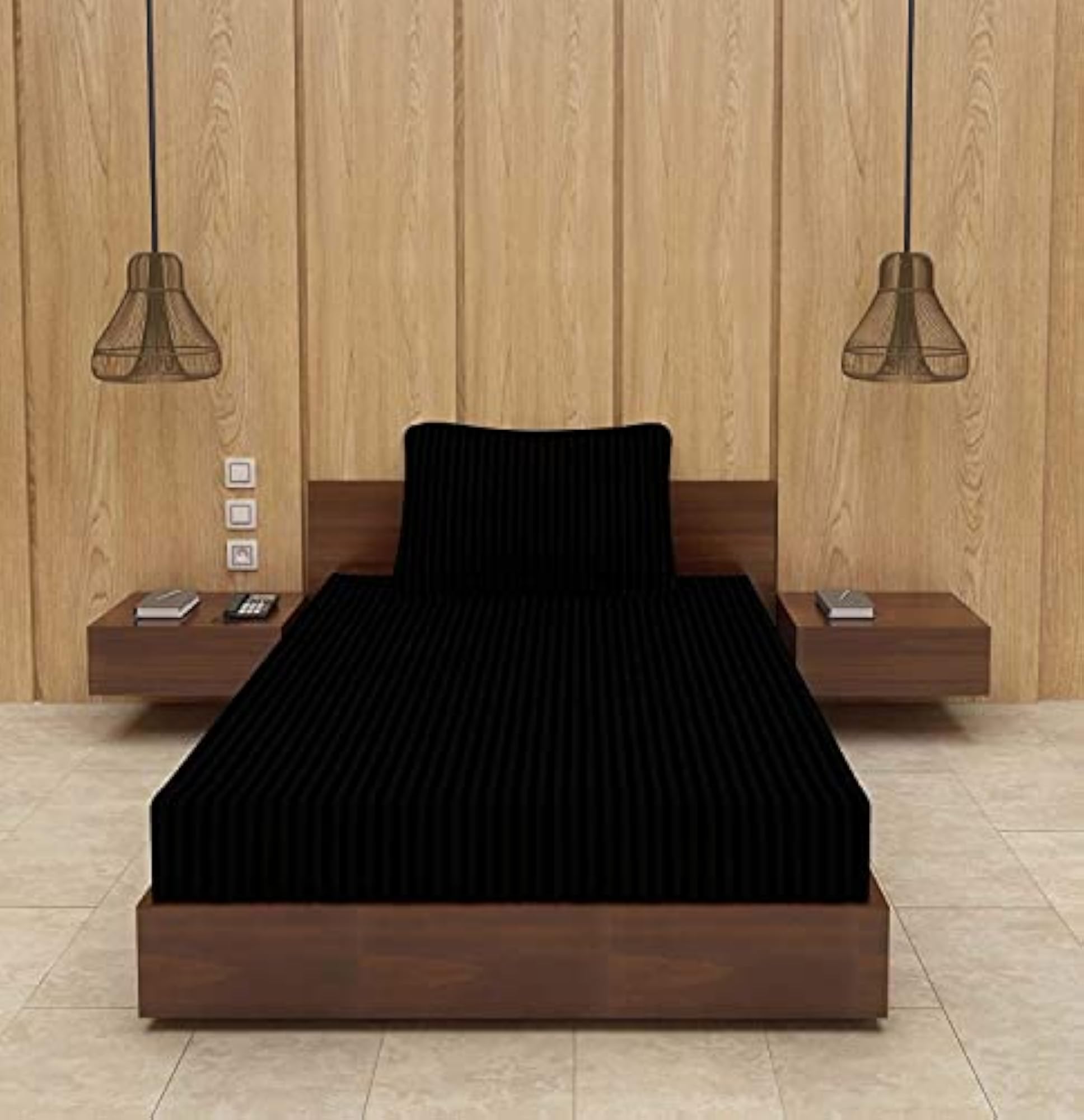 Satin Fabric Stripes Bedsheet with 1 Pillow Cover, Black