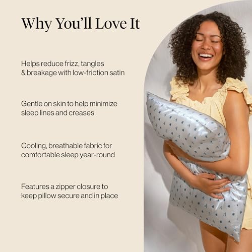 Image of Kitsch Satin Pillowcase with Zipper for Hair & Skin - Softer Than Silk Pillow Cases, Smooth Cooling Satin Pillow Case, Wrinkle-Free Pillow Cases Standard Size - Pearlized Cream & Coastal Blue Print