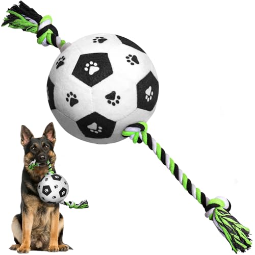 QDAN Dog Soccer Ball, Outdoor Dog Toys, Soccer Ball for Dogs on Rope Plush Birthday Toys for Small to Medium (Black)