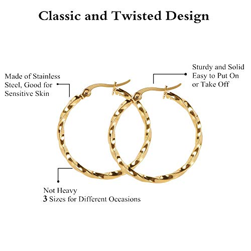 3 Pairs Twisted Stainless Steel Hoop Earrings Set for Women 14K Gold Plated Lightweight Dangle Earrings Silver Gold3