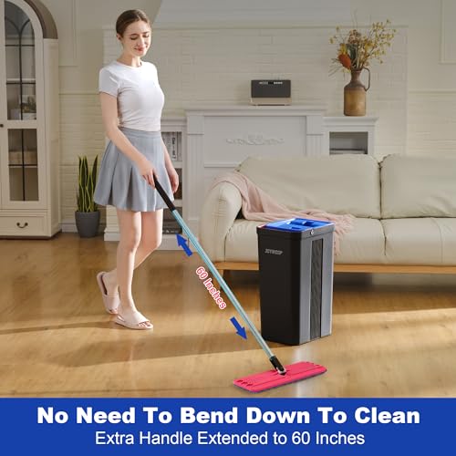 Image of JOYMOOP Mop and Bucket with Wringer Set, Hands Free Flat Floor Mop and Bucket, with 4 Washable Microfiber Pads, Wet and Dry Use, Floor Cleaning System - Black+Red+Slate Blue