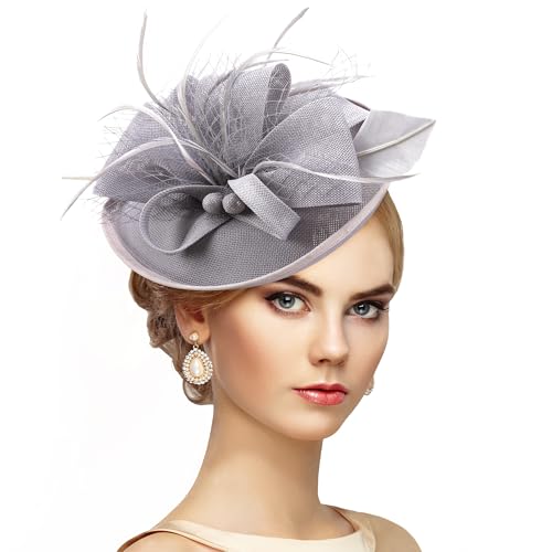 Zinniday Gray Tea Party Fascinator - Vintage Fashion Veil Kentucky Hat Hair Accessory Costume for 1920s 50s Wedding Church Derby Headdress Cocktail Birthday Masquerade Prom Ball Carnival Party