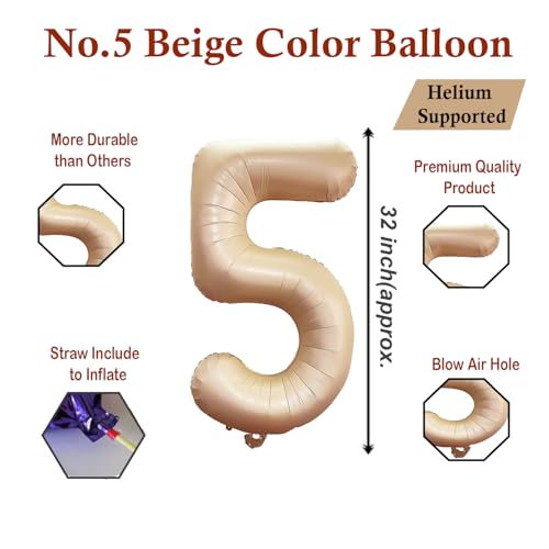 Image of Solid Beige 5 Number Foil Balloons 32 inch 5th Birthday Party Decoration Helium Supported