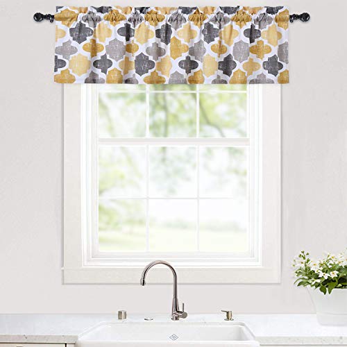 Haperlare Quatrefoil Pattern Valance Curtains for Kitchen Cafe Curtains, Tile Print Bathroom Window Curtains, Multi Color Window Treatment, 56" x 15", Yellow/Grey - Thumbnail 5