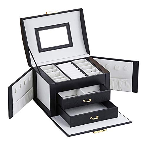 ESHOO Boîte à Bijoux Organisateur de Bijoux avec 2 tiroirs Trois Couches Boîte de Rangement en Cuir PU avec Miroir et Serrure pour Filles et Femmes
