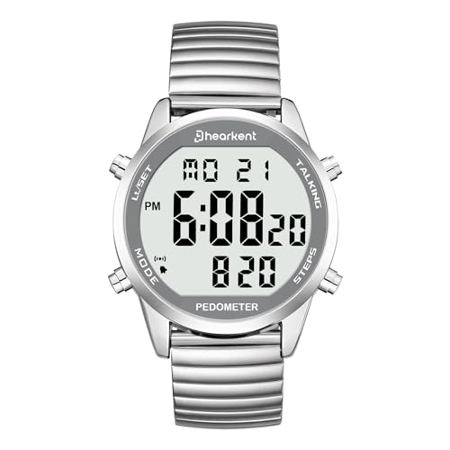 Reloj digital parlante con podómetro, hora de habla/fecha/pasos/calorías en inglés, 5 alarmas, retroiluminación EL, LCD número grande, sin Bluetooth, contador de pasos para ancianos/ciegos (plateado