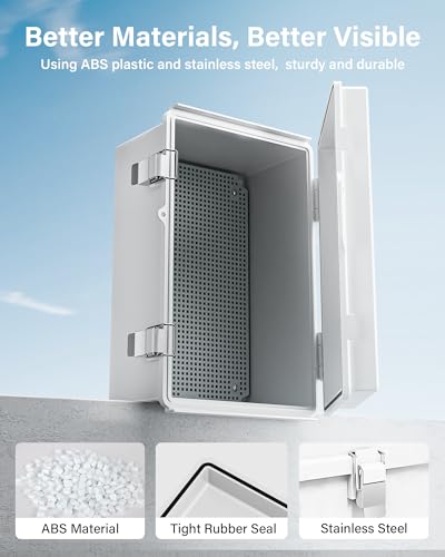 Waterproof Junction Box ABS Plastic, Outdoor Electrical Box IP67 Hinged Cover Project Box with Mounting Plate Wall Brackets and 2 Cable Glands, Grey Electrical Enclosure 11.4\"x7.5\"x5.5\"