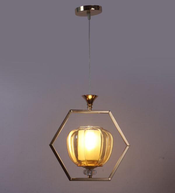 Image of ELIANTE Modern Glass Hanging Light for Living Room & Dining Area | Metal Ceiling Lamp with Elegant Glass Shade | 3 Years Warranty | Free Bulb (Hexora)