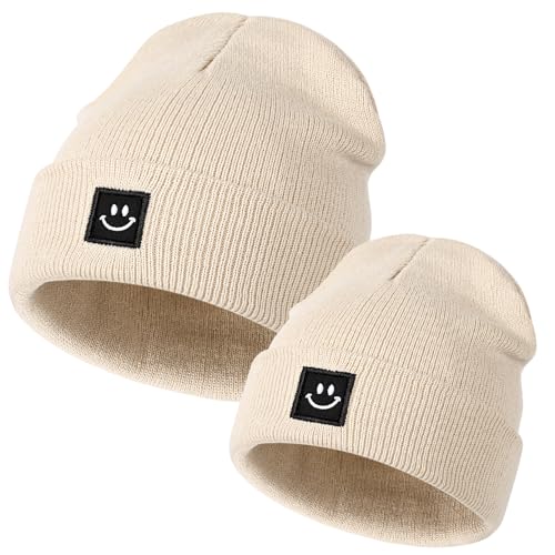Image of Parent-Child Beanie Hat,Mother & Baby Daughter/Son Winter Warm Knit Hat for Girls Boys SOFE Beanies Cap Beige