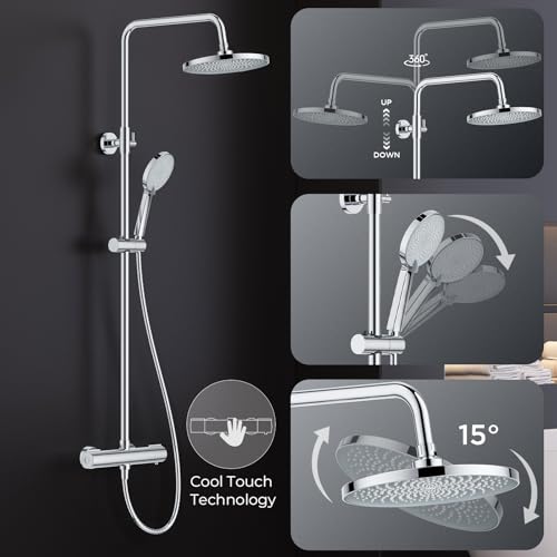 FORIOUS Thermostatic Shower Mixer Set - Stainless Steel Adjustable Shower Bar with Rainfall Showerhead and 3 Jet Types - Image 6