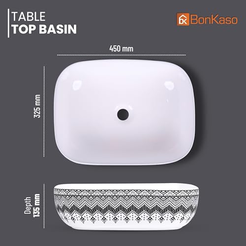 Image of Bonkaso Designer Ceramic Table Top Wash Basin | Madala Pattern Rectangular Countertop Vanity Sink | 45 x 32.5 x 13.5 cm | Premium Glossy Bathroom Basin
