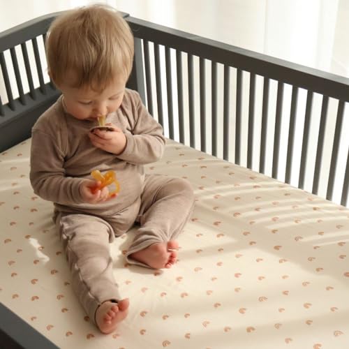 Image of Crib Sheets - Organic Cotton Muslin Fitted Crib Sheet - Standard Size for Baby Boy and Baby Girl 28 inch x 52 inch Ultra-Soft and Breathable. (Rainbows)