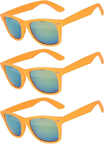 OWL Wholesale of 3 Pairs Mirrored Reflective Colored Lens Sunglasses Black Matte Frame Horn Rimmed Style