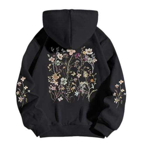 Sulayesh Women's Floral Printed Hoodies Vintage Aesthetic Flower Graphic Sweatshirt Cute Boho Fleece Thermal Hoodie Pullover(Black,XL)