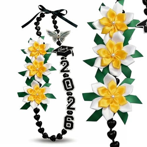 XunYee 42 Inch 2026 Graduation Kukui Nut Lei with Plumerias Handmade Graduation Gift Hawaiian Kukui Nut Necklace Beaded Honor Cord with Bow Ribbon for High School College Grad Party Jewelry Gift
