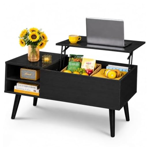 WLIVE Wood Lift Top Coffee Table with Hidden Compartment and Adjustable Storage Shelf, Lift Tabletop Dining Table for Home Living Room, Office, Charcoal Black