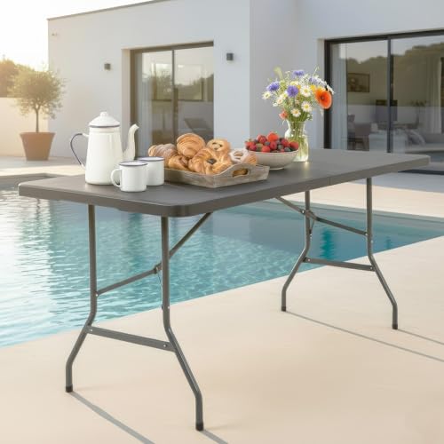 Image of FDW 6FT Folding Table, Portable Fold-in-Half Plastic Picnic Party Table with Carrying Handle (Black, 6FT)