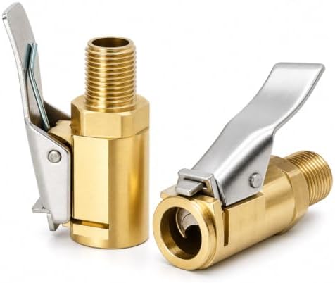 2 Pack Locking Tire Air Chuck, Brass Tire Inflation Nozzle Adapter with Clip – 8mm Threaded Hose Connector for Leak-Free Inflation, 250 PSI Max, Fits Car, Truck, Bike & Motorcycle Air Compressor Pumps