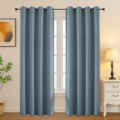 Image of Simplebrand Stone Blue Curtains for Bedroom Living Room 72 Inches Long 2 Panels Set, Room Darkening Thermal Insulated Curtains & Drapes, Solid Grommet Noise Reducing Window Treatment, W50 x L72 Inch
