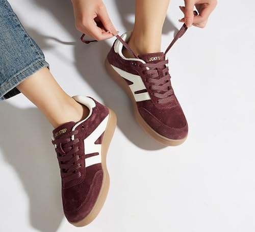 Image of LUCKY STEP Women Retro Gum Sole Fashion Sneakers | Genuine Leather Classic Tennis Skate Walking Shoes Anti Slip Trainers