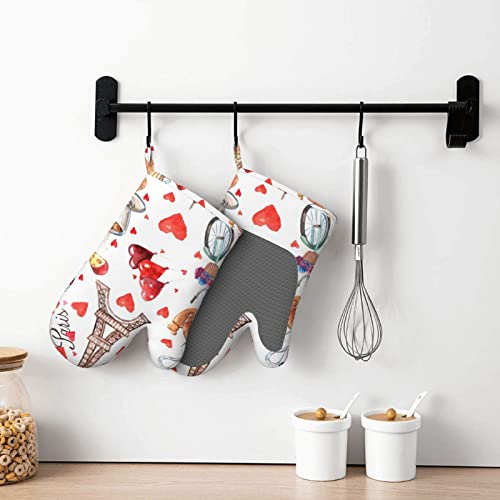 Love Paris Tower Coffee Wine Perfume Bicycle Heart Printed Oven Mitts, Washable Heat Resistant Oven Gloves Waterproof Non-Slip Silicone Cooking Gloves For Kitchen Cooking Bbq #TOP6