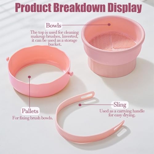 QUKLOGEN 3 In 1 Makeup Brush Cleaning Set Multifunctional Washing Bowl Drying Basket with Handle Silicone Cleaner Mat Removal Cleaner Sponge 150ml/5.12fl.oz Professional Makeup Brush Cleaner (Pink) - Image 3