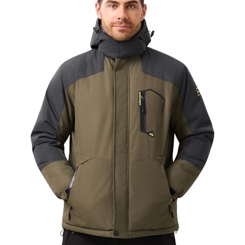 Image of Aureonus Mens Winter Jackets Waterproof Ski Jacket Fleece Warm Outdoor Coats Thermal Lined Parka with Hood Army Green 2XL
