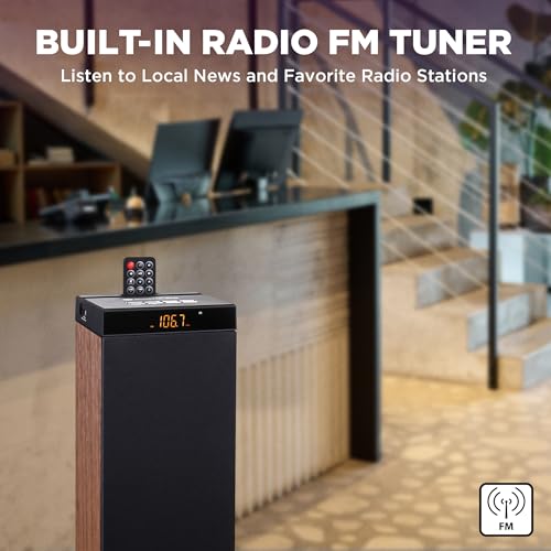 Image of GOgroove Bluetooth Tower Speaker with Subwoofer Built in - Floorstanding Home Speaker with Powerful Bass and Dual Drivers, 120W Peak Power, MP3 3.5mm Aux, USB 2.0 Port Flash Drive, FM Radio (Walnut)