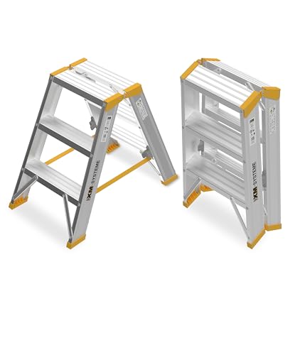 XM-Systeme® Alu-Stufenstehleiter 2 x 3 Stufen – rutschfeste, stabile Trittfläche nach TRBS 2121-2, kompakte Slide-Stop-Stufen – Profi Stehleiter für Industrie & Handwerk - GS-geprüft - Trittleiter