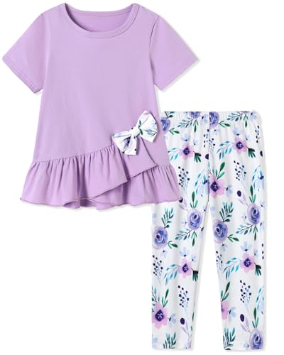 Conjunto de ropa para niñas de 3-4 años con camiseta morada y pantalones florales de 2 piezas